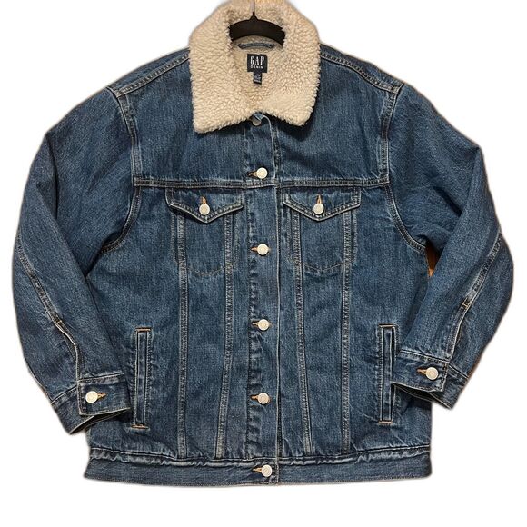 GAP Denim Sherpa Icon Jean Jacket Oversized XSP Trucker Warm Jean $118 retail - Picture 2 of 11